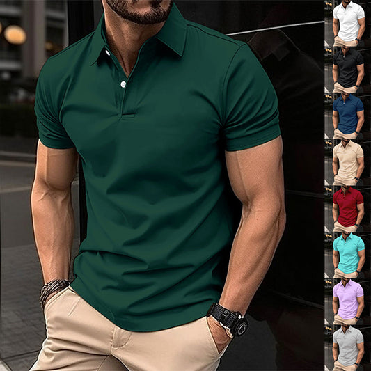 Camisa polo de manga corta de verano para hombre, color liso, con solapa y botones