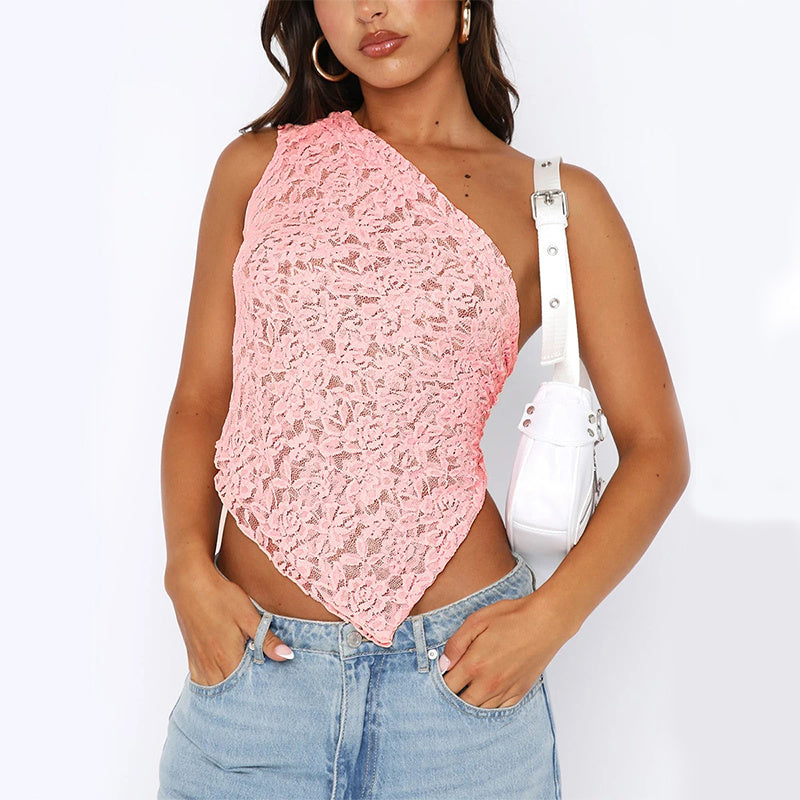 Top de encaje sin espalda de verano de color sólido sin cintura asimétrico con cuello inclinado chaleco ropa de calle para mujer