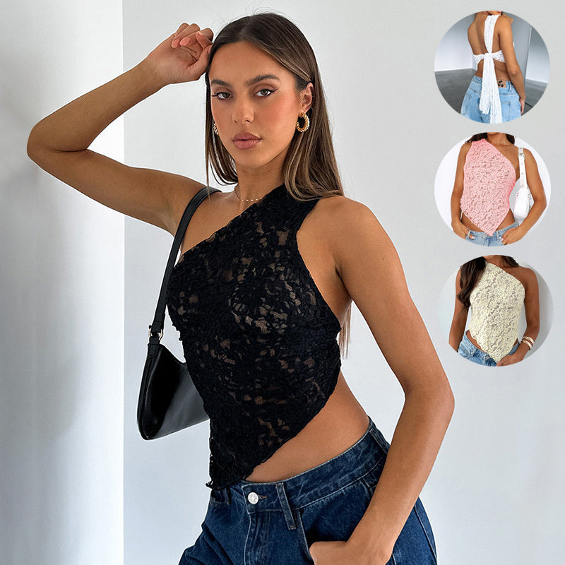 Top de encaje sin espalda de verano de color sólido sin cintura asimétrico con cuello inclinado chaleco ropa de calle para mujer