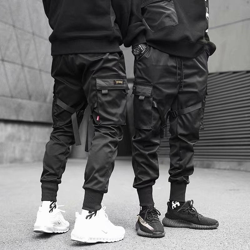 Pantalones de chándal con cintas para hombre, estilo harén, cargo, estilo urbano, estilo hip hop, informales, con bolsillos, de algodón