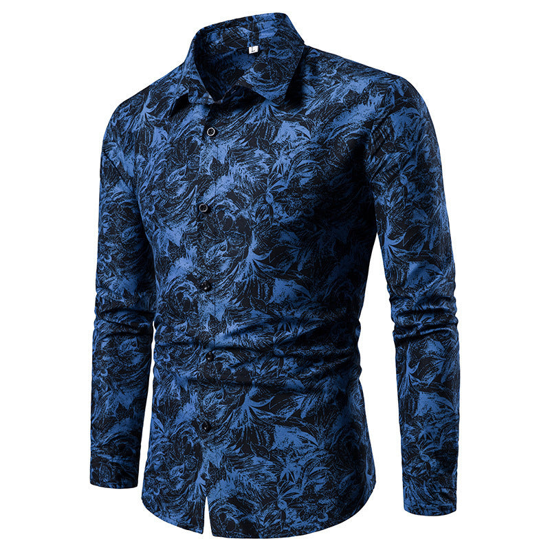 Camisa de otoño e invierno para hombre, camisa informal estampada de manga larga, camisa de vestir social ajustada para hombre