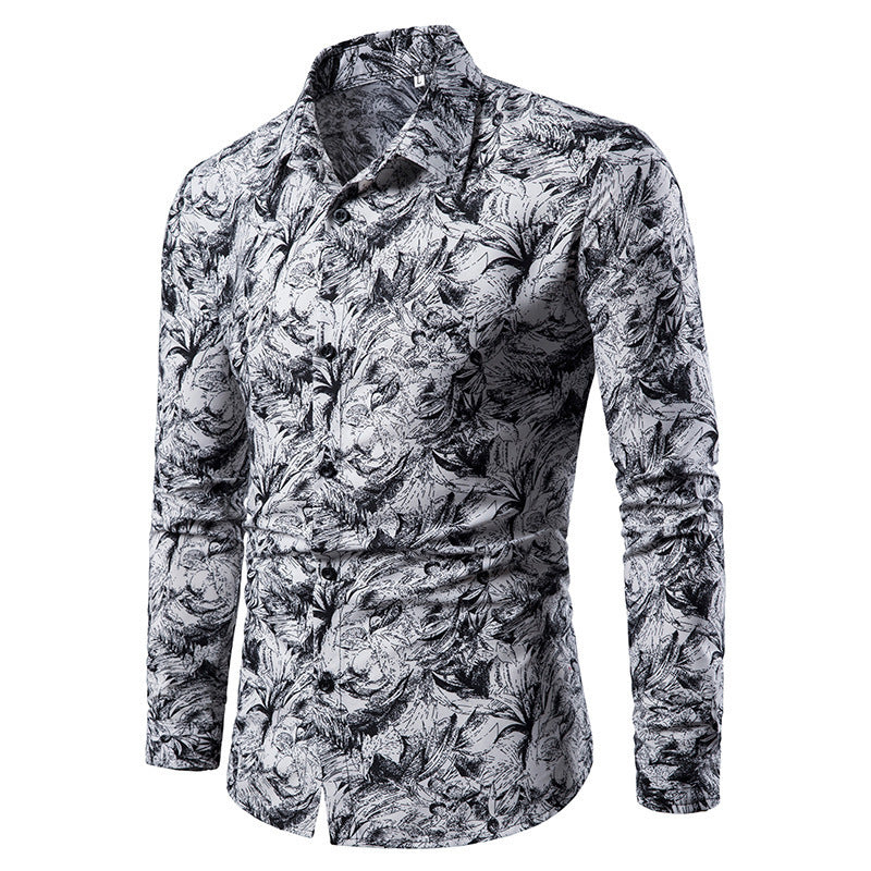 Camisa de otoño e invierno para hombre, camisa informal estampada de manga larga, camisa de vestir social ajustada para hombre