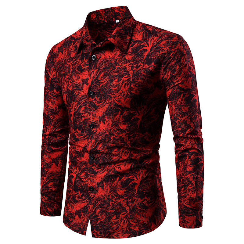 Camisa de otoño e invierno para hombre, camisa informal estampada de manga larga, camisa de vestir social ajustada para hombre