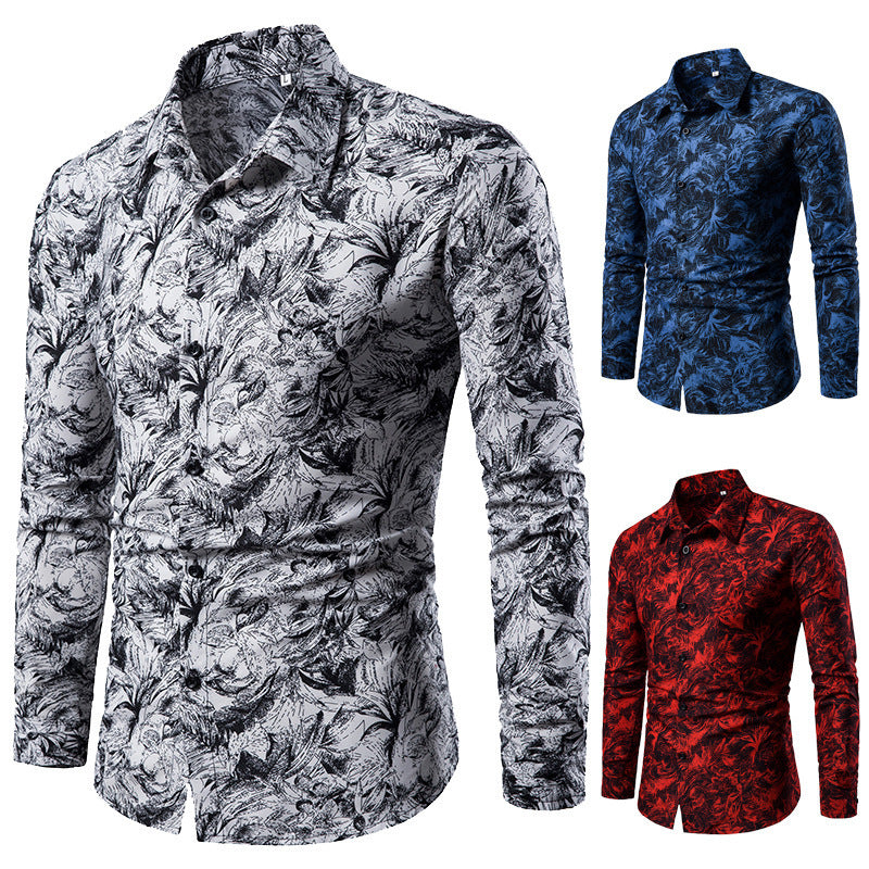 Camisa de otoño e invierno para hombre, camisa informal estampada de manga larga, camisa de vestir social ajustada para hombre