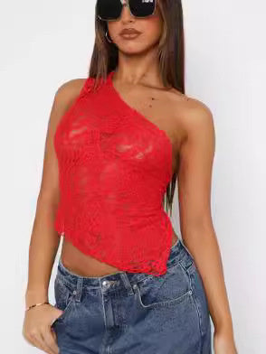 Top de encaje sin espalda de verano de color sólido sin cintura asimétrico con cuello inclinado chaleco ropa de calle para mujer