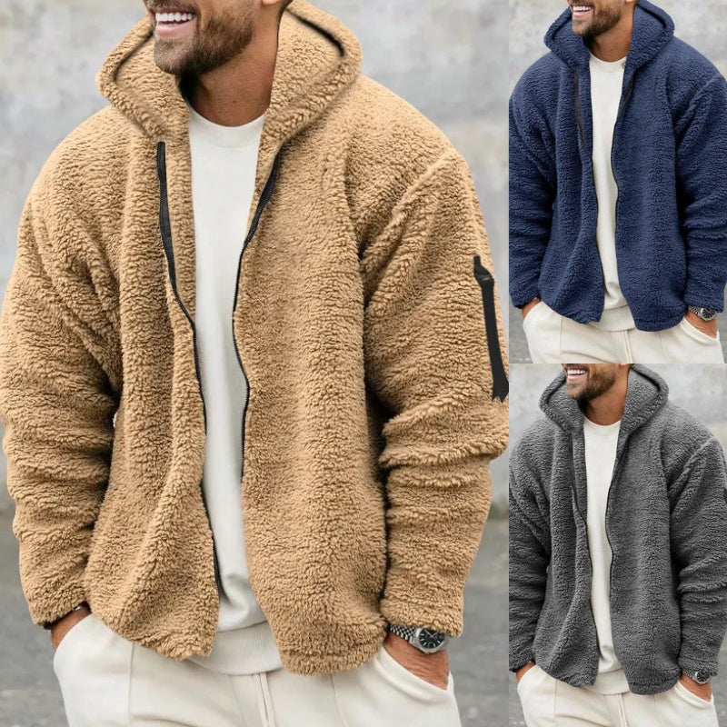 Chaqueta con capucha de felpa para hombre, otoño e invierno, forro polar de doble cara, abrigo cálido con cremallera, chaqueta informal holgada, ropa para exteriores