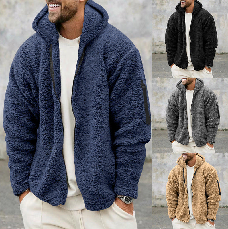 Chaqueta con capucha de felpa para hombre, otoño e invierno, forro polar de doble cara, abrigo cálido con cremallera, chaqueta informal holgada, ropa para exteriores