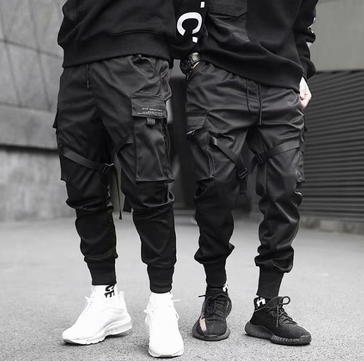 Pantalones de chándal con cintas para hombre, estilo harén, cargo, estilo urbano, estilo hip hop, informales, con bolsillos, de algodón