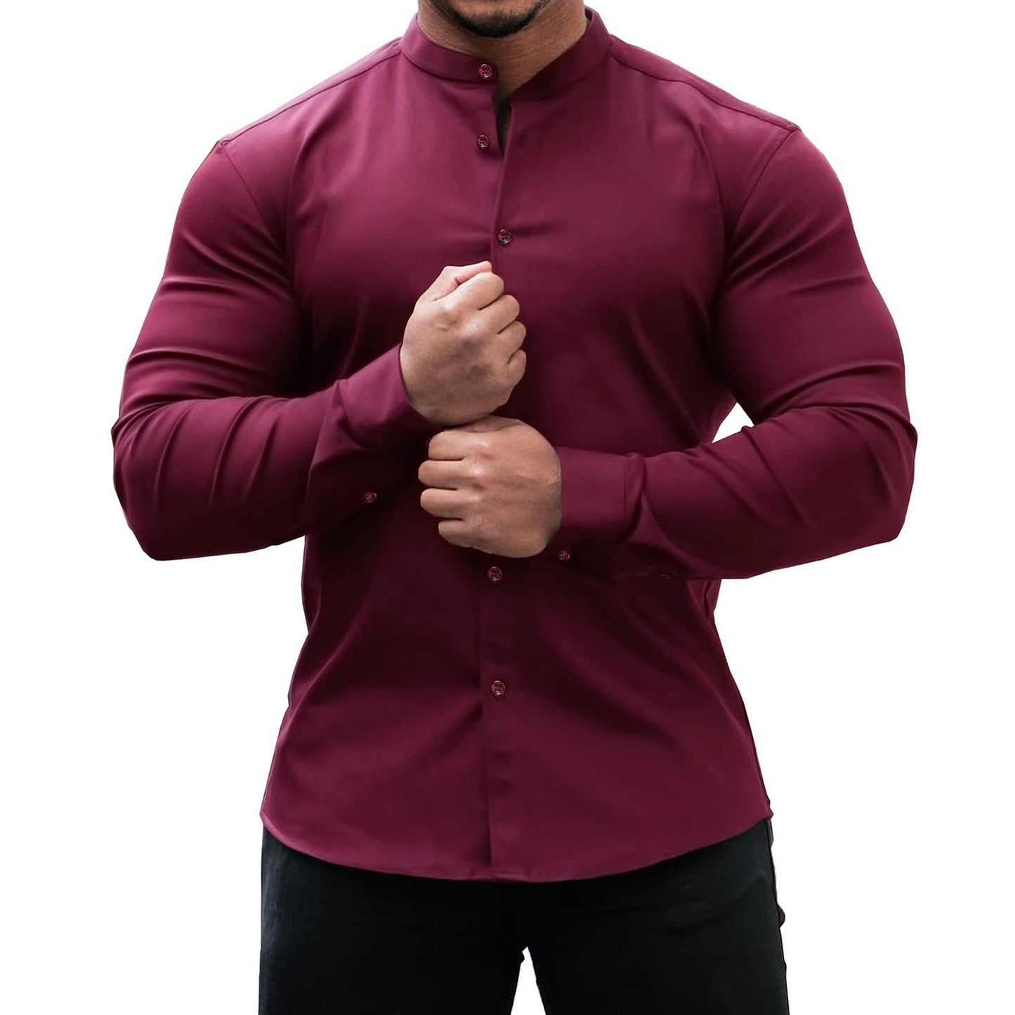 Camisa de manga larga para hombre, informal, con botones, ajustada, de color liso, ropa informal para hombre