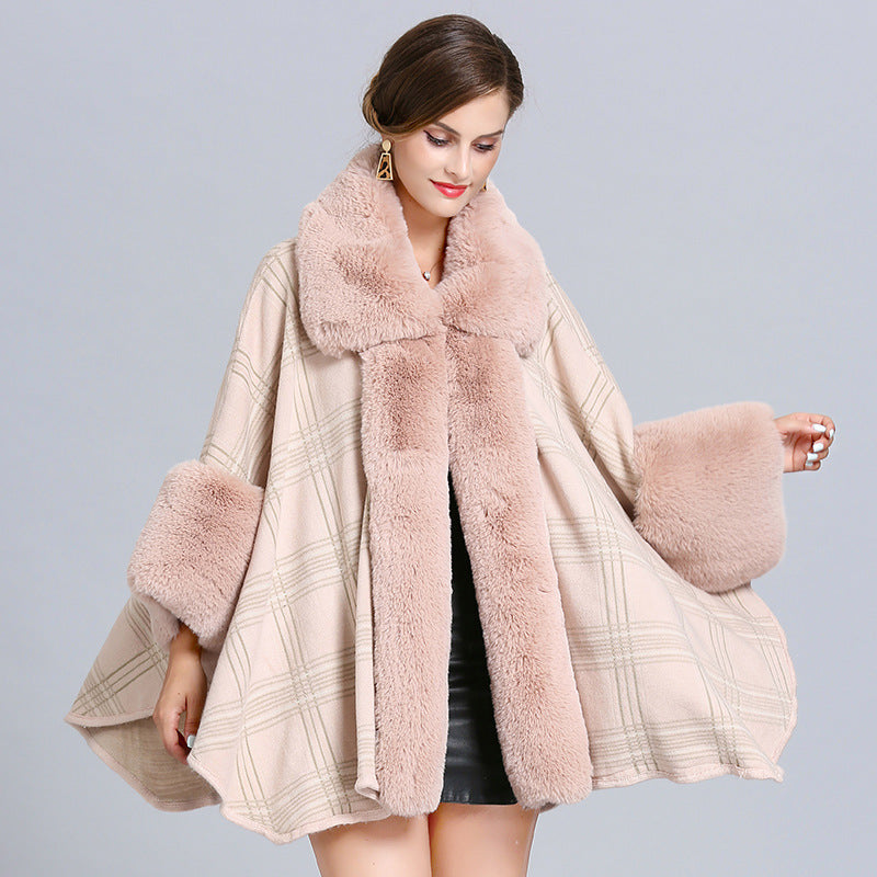 Fashion Plaid Poncho Women Faux Fox Fur Neck Cape Winter