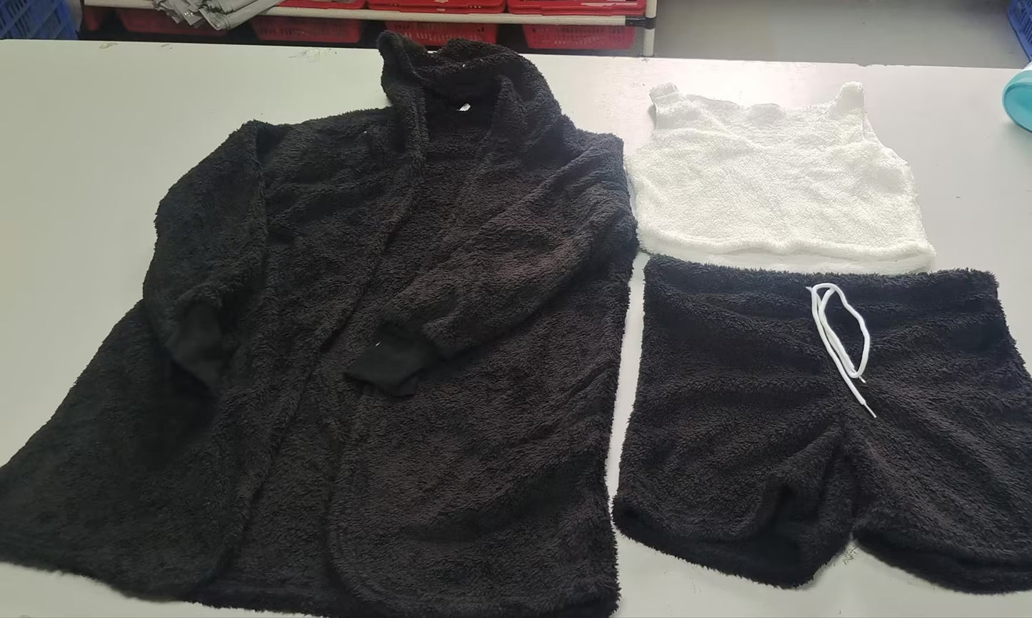 Conjunto de pijama de 3 piezas para mujer con camiseta sin mangas corta de manga larga y pantalones cortos con cordón