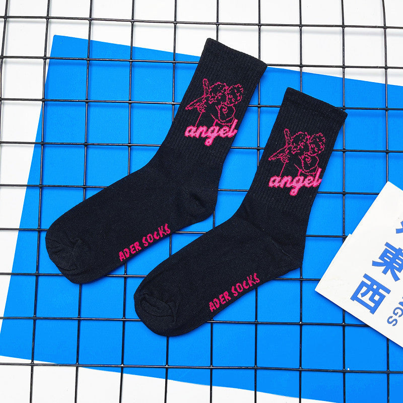 Angel Mid Tube Simplified Letters For Men And Women Sports Casual Trend Socks