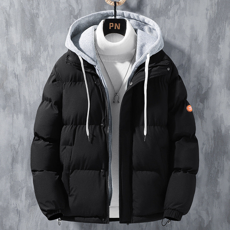 Fashion Hooded Jacket Men Winter Windproof Thickened Fake Two-piece Coat Solid Leisure Sports Cotton Jacket