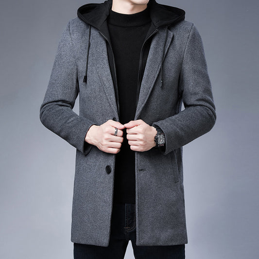 Mens Detachable Hooded Woolen Winter Coat Jacket Mid-Length Single Breasted