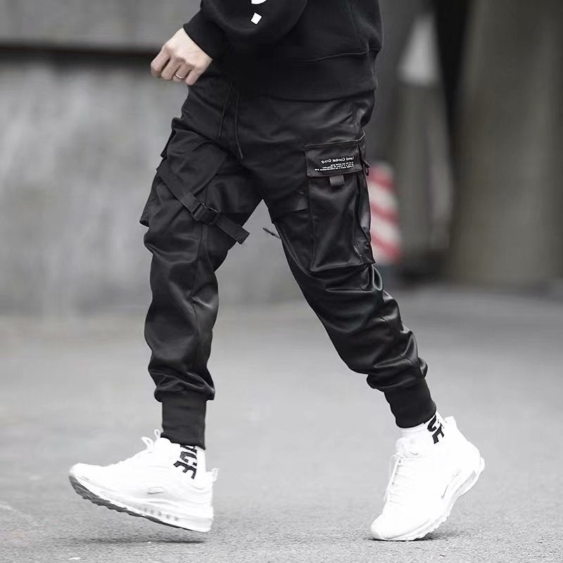 Pantalones de chándal con cintas para hombre, estilo harén, cargo, estilo urbano, estilo hip hop, informales, con bolsillos, de algodón