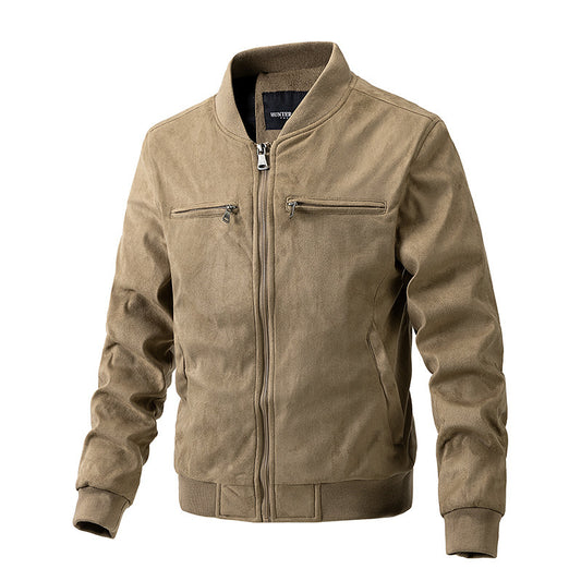 Chaqueta de gamuza con cuello alto para hombre, bolsillo con doble cremallera, ropa para hombre