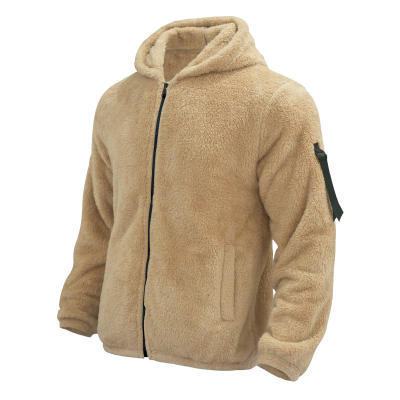 Chaqueta con capucha de felpa para hombre, otoño e invierno, forro polar de doble cara, abrigo cálido con cremallera, chaqueta informal holgada, ropa para exteriores