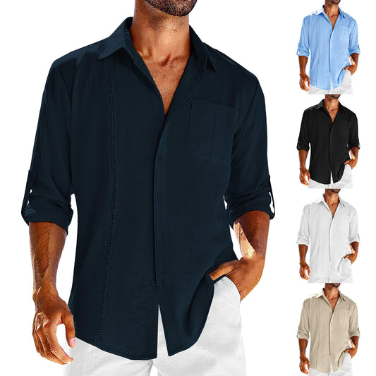 Camisa informal de manga larga con bolsillo y cuello tipo polo con encaje y botones de color liso para hombre