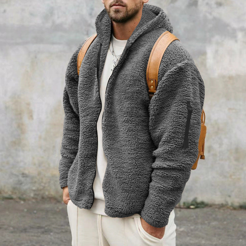 Chaqueta con capucha de felpa para hombre, otoño e invierno, forro polar de doble cara, abrigo cálido con cremallera, chaqueta informal holgada, ropa para exteriores