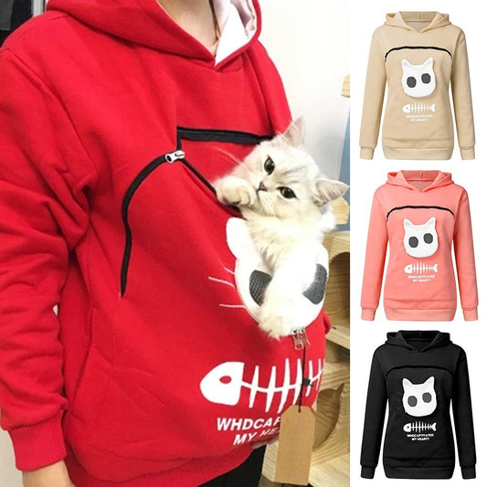 Sudadera con capucha para mujer con diseño de bolsillo para gato y mascota, suéter de manga larga, atuendo para gato