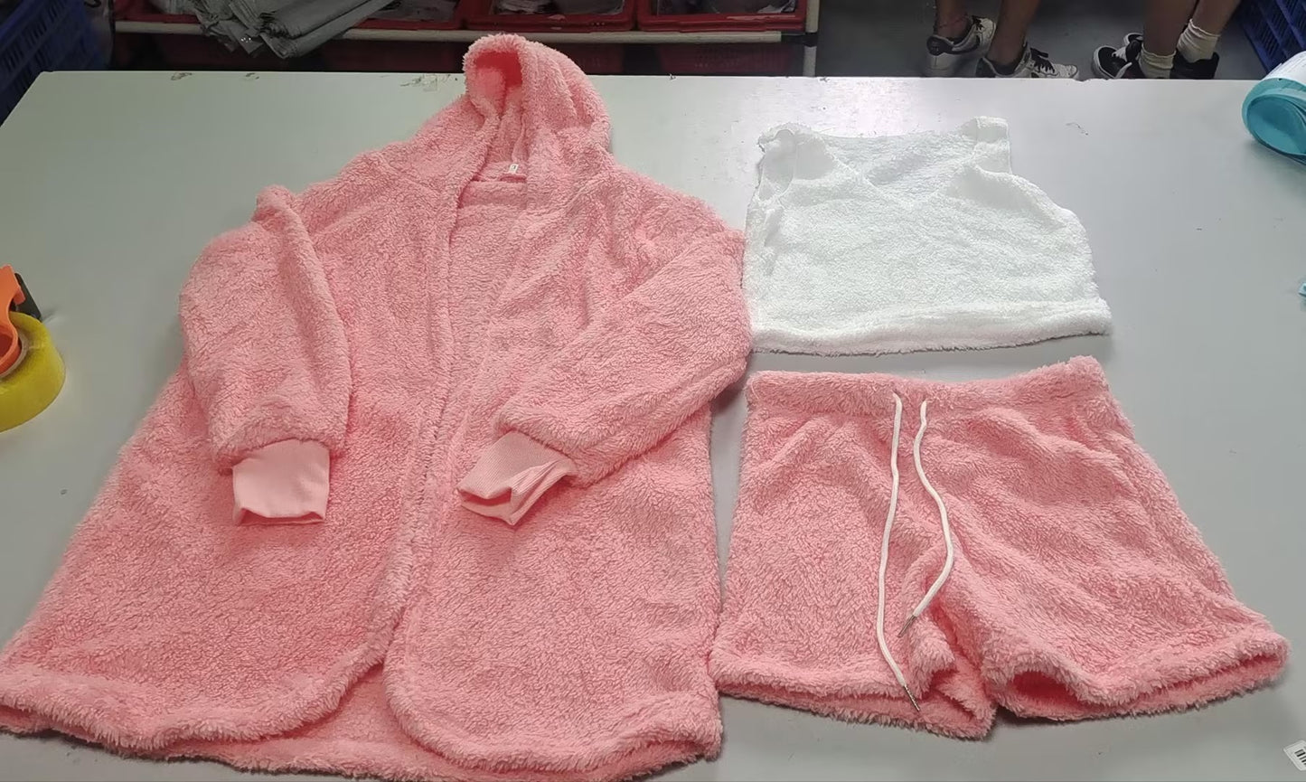 Conjunto de pijama de 3 piezas para mujer con camiseta sin mangas corta de manga larga y pantalones cortos con cordón