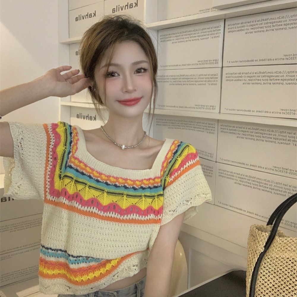 Summer Slim Chic Contrast Color Stripes Square Collar Short Sleeve