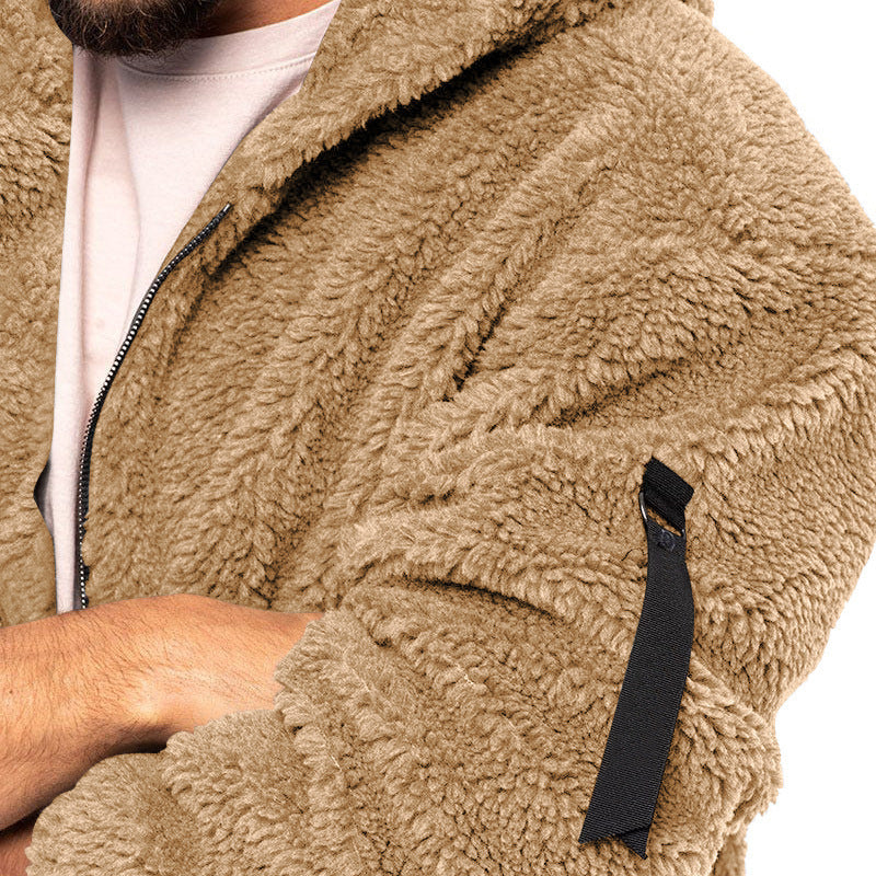 Chaqueta con capucha de felpa para hombre, otoño e invierno, forro polar de doble cara, abrigo cálido con cremallera, chaqueta informal holgada, ropa para exteriores