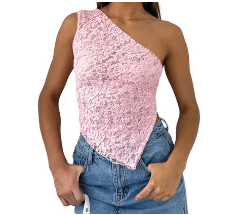 Top de encaje sin espalda de verano de color sólido sin cintura asimétrico con cuello inclinado chaleco ropa de calle para mujer