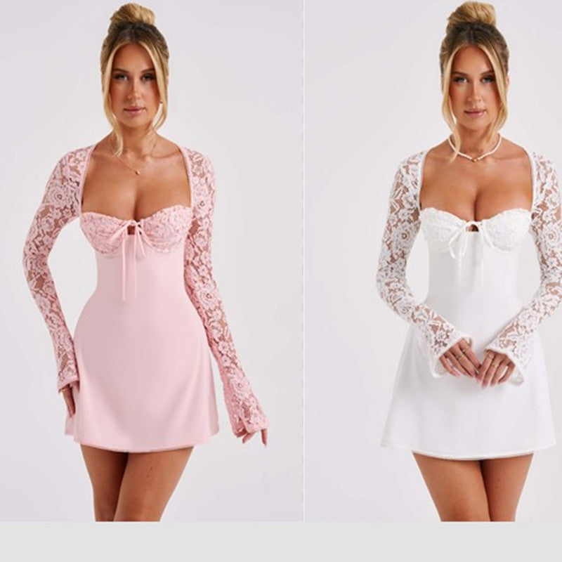 Vestido de manga larga con corsé de moda y encaje, sexy, Y2K, sin espalda, con cordones, vestidos cortos, ropa de mujer