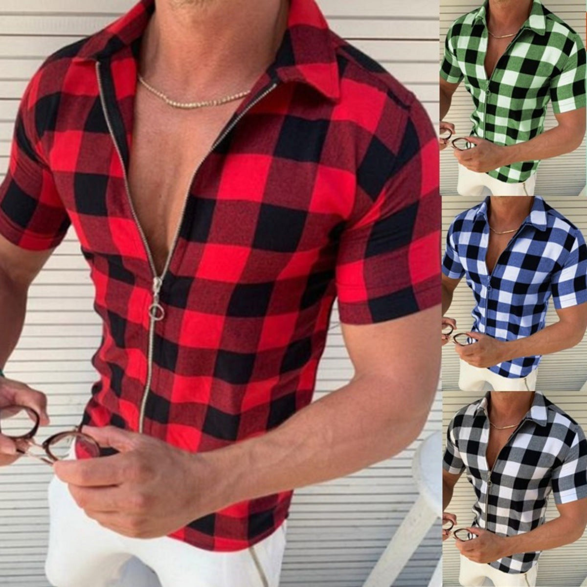 Camiseta a cuadros con cremallera para hombre, camisas de manga corta, ropa de verano para hombre