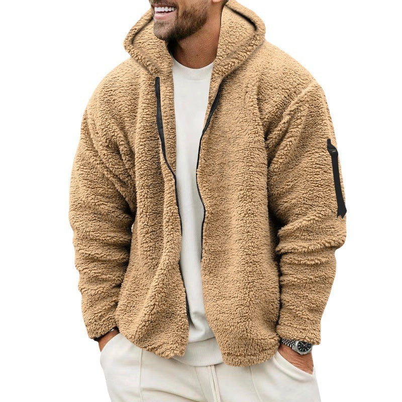 Chaqueta con capucha de felpa para hombre, otoño e invierno, forro polar de doble cara, abrigo cálido con cremallera, chaqueta informal holgada, ropa para exteriores