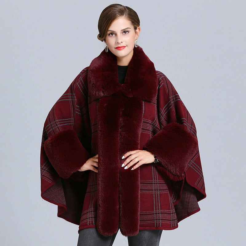 Fashion Plaid Poncho Women Faux Fox Fur Neck Cape Winter