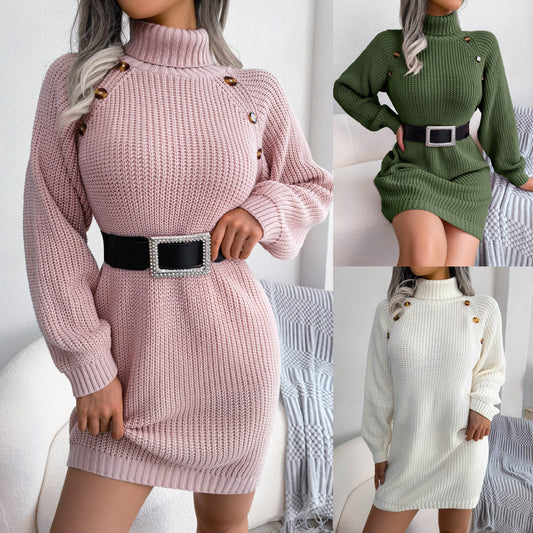 Vestido tipo suéter largo de cuello alto de invierno con diseño de botones, suéter básico de manga larga con cierre informal para mujer