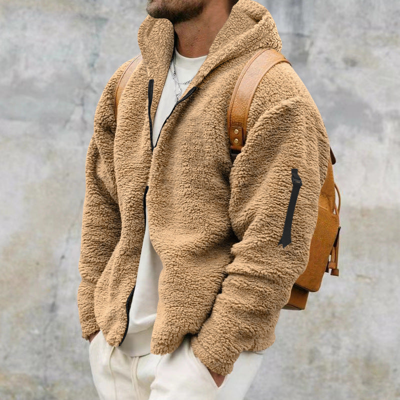 Chaqueta con capucha de felpa para hombre, otoño e invierno, forro polar de doble cara, abrigo cálido con cremallera, chaqueta informal holgada, ropa para exteriores