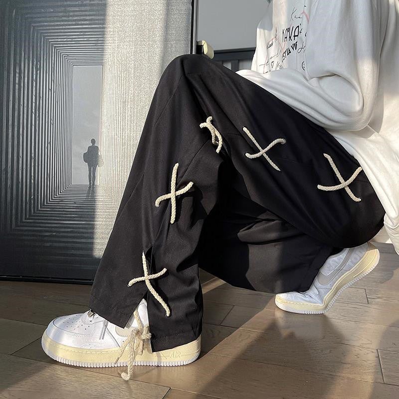 Mens Vintage Patchwork Drawstring Casual Trousers