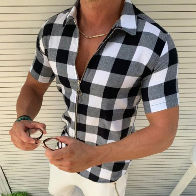 Camiseta a cuadros con cremallera para hombre, camisas de manga corta, ropa de verano para hombre